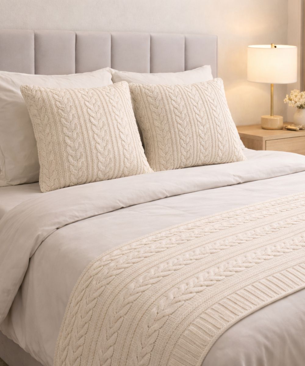 Kit Decoração Peseira Trançada + 2 Capas Almofadas 45x45 Tricot 4